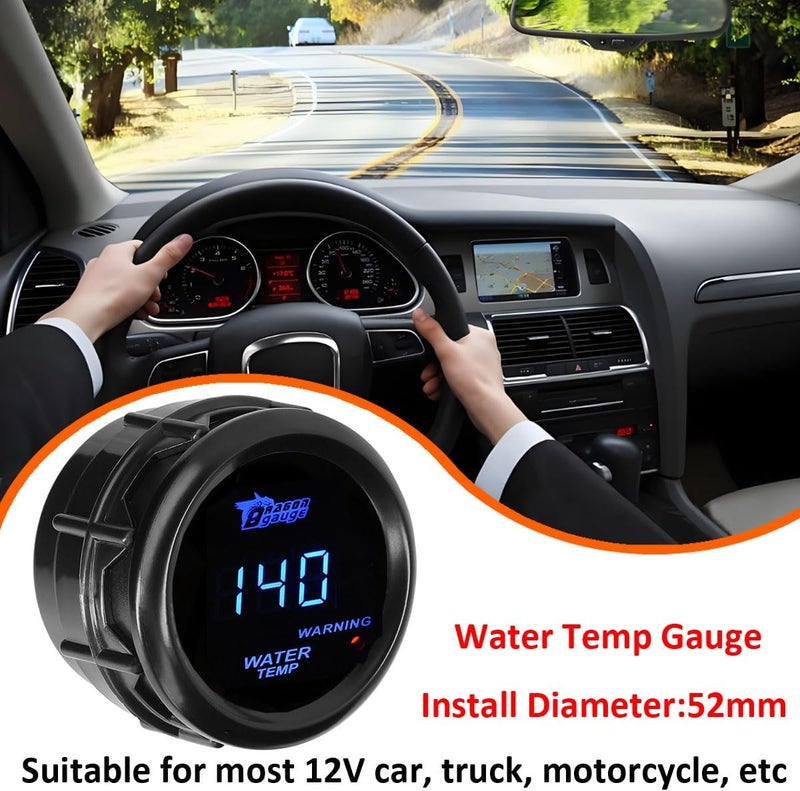 LKRXW Car Water Temperature Gauge 12V Auto Water Temp Gauge Meter Celsius 2" 52mm Digital Blue Light Temp Gauge Instruments 40 to 150 Celsius with Sensor - Image 3